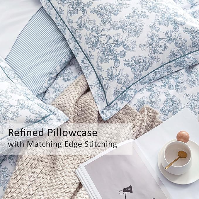 Vintage Cotton Comforter Queen Size 3Pcs - Elegant Pale Slate Blue Floral Pattern on White with Light Blue & White Striped Reverse, Luxurious Lightweight Bedding Sets with Soft Fill(90"×90")