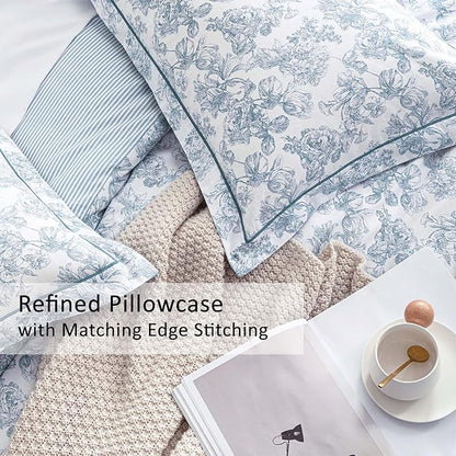 Vintage Cotton Comforter King Size 3Pcs - Elegant Pale Slate Blue Floral Pattern on White with Light Blue & White Striped Reverse, Luxurious Lightweight Bedding Sets with Soft Fill(104"×90")