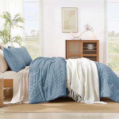 Litanika Grayish Blue California King Comforter Set, 3 Pieces Cal King Oversized Chevron Tufted Bedding Comforter Sets, Fluffy Bed Set (104x96In Comforter & 2 Pillowcases)