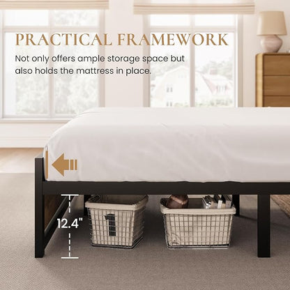 SHA CERLIN Heavy Duty Queen Size Bed Frame with Modern Headboard, Brown | Platform Metal Base with Square Footboard and 13 Strong Slats Support, No Box Spring Needed