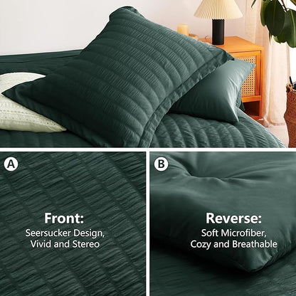 CozyLux Full Size Comforter Sets with Sheets 7 Pieces, Forest Green Seersucker Bed in a Bag Textured Luxury Soft Bedding Set with Down Alternative Comforter, Sheets, Pillowcases & Shams for All Season