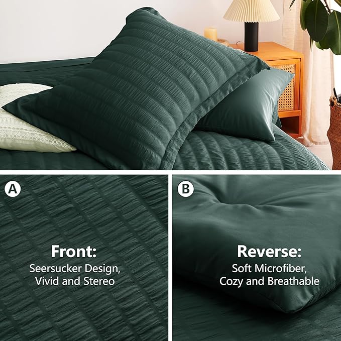 CozyLux Queen Comforter Set Forest Green Seersucker 7 Pieces Bed in a Bag Queen Comforter Set with Sheets, Luxury Bedding Sets with Down Alternative Comforter, Sheets, Pillowcases & Shams All Season