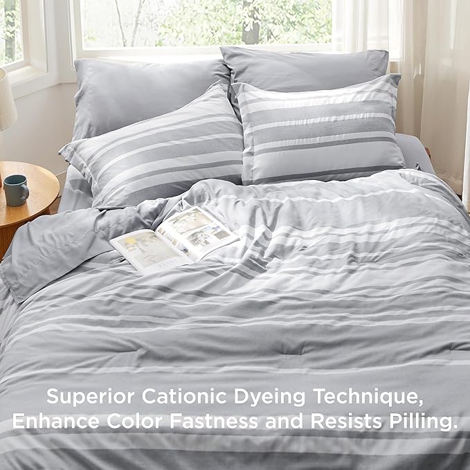 Bedsure Queen Comforter Set 7 Pieces, Grey Striped Bedding Set for All Seasons, Reversible, Cationic Dyeing Bed in a Bag with Comforter, Sheets, Pillowcases & Shams