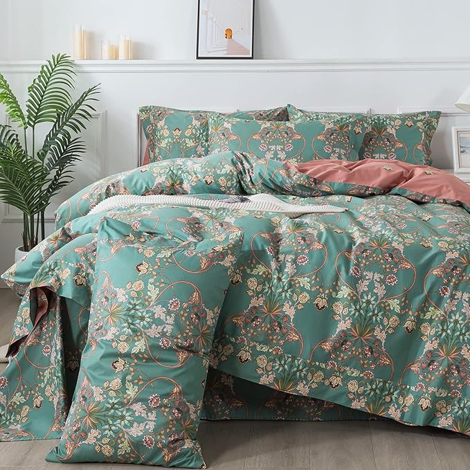 FADFAY Duvet Cover Set Floral Bedding Button Closure Full Premium 100% Cotton 600 TC Shabby Vintage Reversible Blue Orange Comforter Cover Luxury Boho Quilt Cover Soft Breathable 3Pcs
