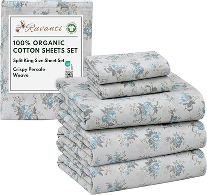 RUVANTI 100% Organic Cotton Sheets Split King, Percale Weave, GOTS Certified, 5-Piece Set, Deep Pocket 15", Crisp & Breathable, Soft Durable Bedding, Sábanas Algodón Orgánico – Blue Rose
