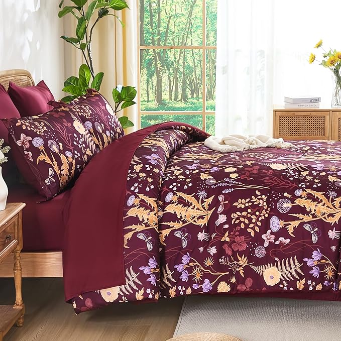 Yiran King Size Comforter Set 7 Piece, Burgundy Floral Bedding Set, Lightweight Bed in a Bag King with Botanical Flowers Spring, Soft Warm Dark Red Comforters with Sheets Complete for All Season