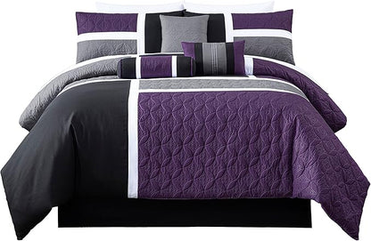 Chezmoi Collection Upland 7-Piece Quilted Patchwork Comforter Set, Purple/Black/Gray, Full