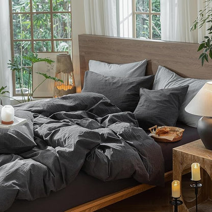 MooMee Wavy Striped Duvet Cover Set 100% Washed Cotton Linen Like Textured Breathable Durable Soft Comfy (Charocal Grey, Super Queen 90"x98")