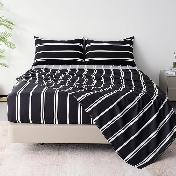 Best Season Stripe Bed Sheets Set,4 Piece Super Soft Microfiber Bedding-Deep Pocket,Ultra Soft,Fade & Wrinkle Resistant(Full Size,Black&White)