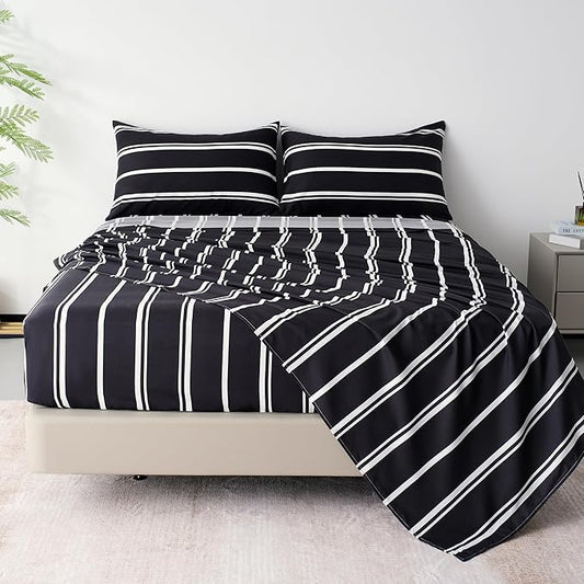 Best Season Stripe Bed Sheets Set,4 Piece Super Soft Microfiber Bedding-Deep Pocket,Ultra Soft,Fade & Wrinkle Resistant(Full Size,Black&White)