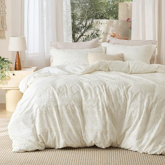Bedsure Boho Duvet Cover Queen Size, Soft & Comfortable Elegant Design Boho Bedding for Decoration, Machine Washable Comforter Cover for All Seasons,Includes 1 Duvet Cover & 2 Pillow Shams,White