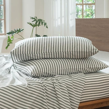 MooMee Striped Duvet Cover Set 100% Washed Cotton Linen Like Textured Breathable Durable Soft Comfy (Heathered Green Classic Stripes, Super King Plus 120"x120")