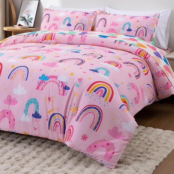 Btargot Lightweight Soft 3 Piece Rainbow Comforter Set with 2 Pillow Covers, Cartoon Love Hearts Suns and Stars Bedding Set for Girls Boys Kids, Queen Light Pink