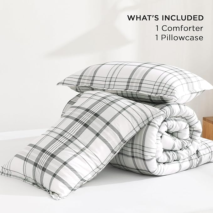 Andency Green White Plaid Comforter Set Twin(66x90 Inch), 2 Pieces Preppy Grid Gingham Stripes Bedding Comforter Sets for Boys Girls Kids, Green Line Soft Lightweight Geometric Reversible Bed Set