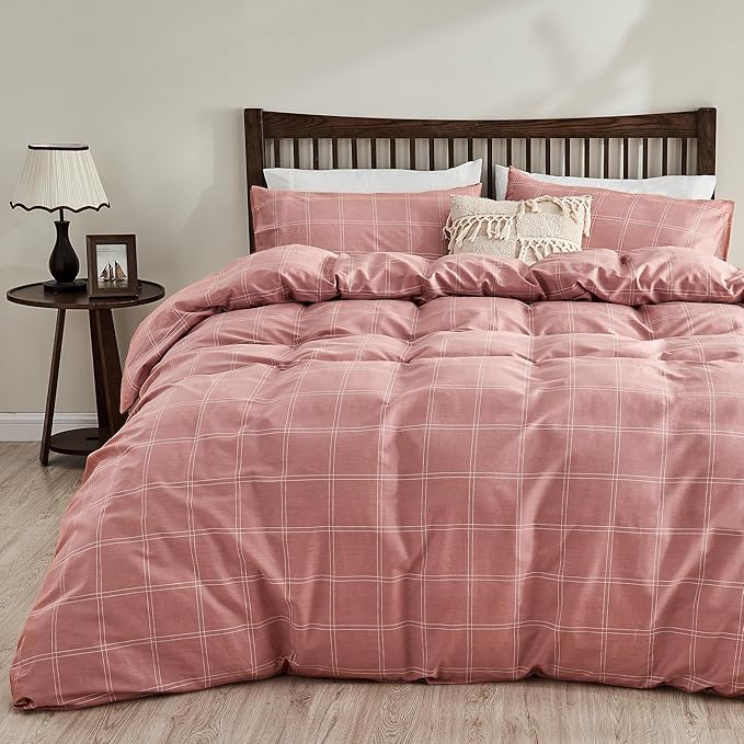 JELLYMONI 100% Natural Cotton Queen Duvet Cover Set, 3pcs Plaid Duvet Cover Sets with Zipper Closure, Grid Geometric Pattern Comforter Cover, Pink