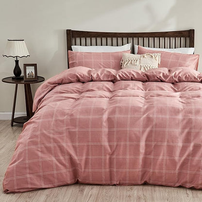 JELLYMONI 100% Natural Cotton Full Duvet Cover Set, 3pcs Plaid Duvet Cover Sets with Zipper Closure, Grid Geometric Pattern Comforter Cover, Pink
