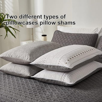 WONGS BEDDING Boho Comforter Set King Size,7 Pieces Grey White Geometric Bohemian Bed in a Bag Comforter Complete Striped Bedding Set for All Season with Sheets,Pillowcases & Shams Soft Microfiber