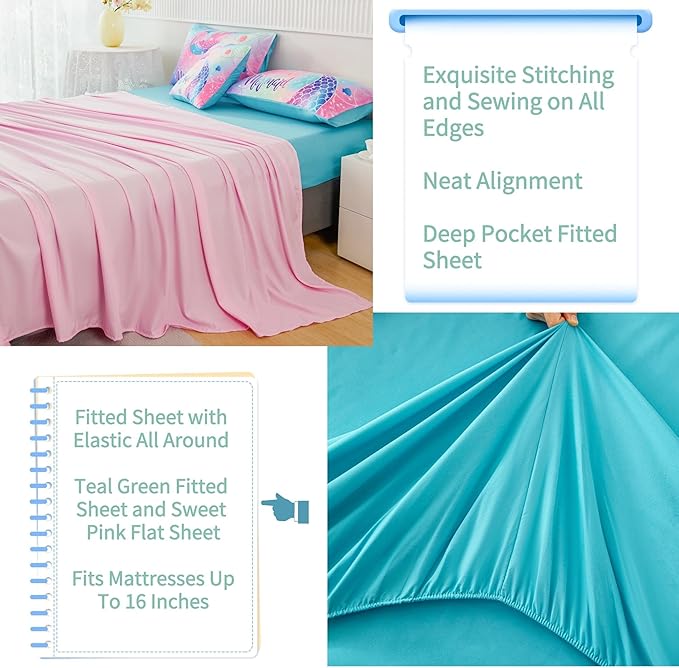 RYNGHIPY Mermaid Queen Kids Bedding Set, Rainbow Comforter Set with Sheets, 6 Pieces Teen Girls Bed in a Bag