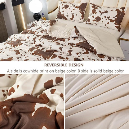 PERFEMET Brown and Beige Cow Print Bedding Set 3 Pieces Cartoon Cowhide Twin Comforter Set for Kids Teens Boys Girls Farmhouse Style Western Highland Bed Sets (Beige,Twin)
