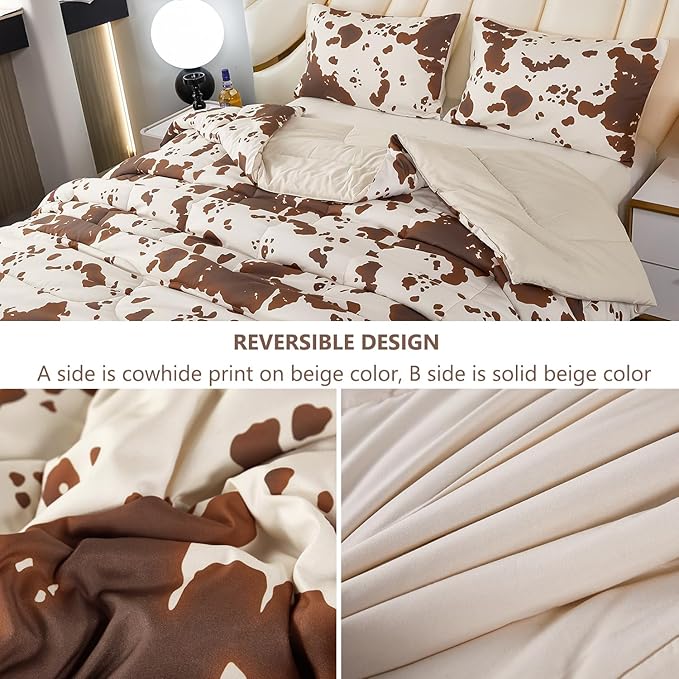 PERFEMET 3 Pieces Cow Print Queen Comforter Set, Brown and Beige Teens Boys Girls Bedding Set, Farmhouse Western Comforter Set for Queen Size Bed (Beige,Queen)