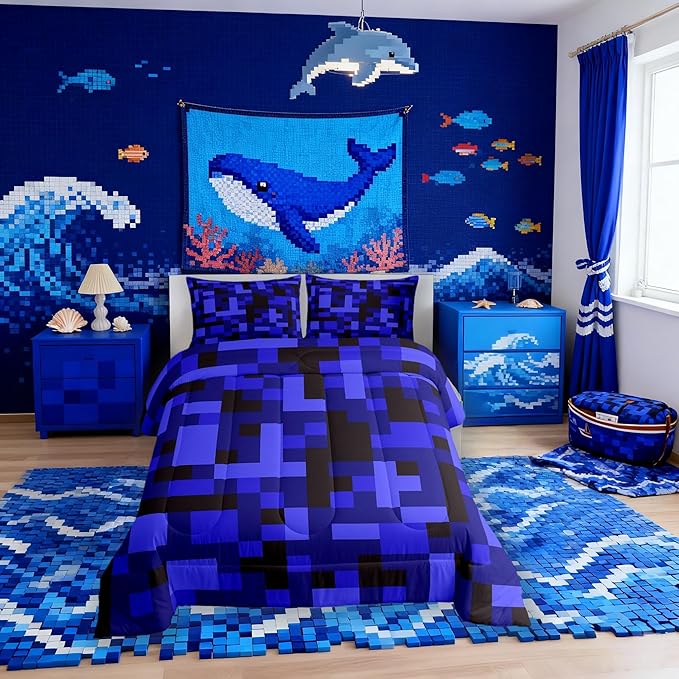 Pixelated Blocks Kid Comforter Set Queen Size,Army Camouflage Miners Game Bedding Set,Boy Room Decor,Geometric Grid Patchwork Quilt Comforter,Black Dark Blue Duvet Set Bedroom Quilt Set,2 Pillowcases