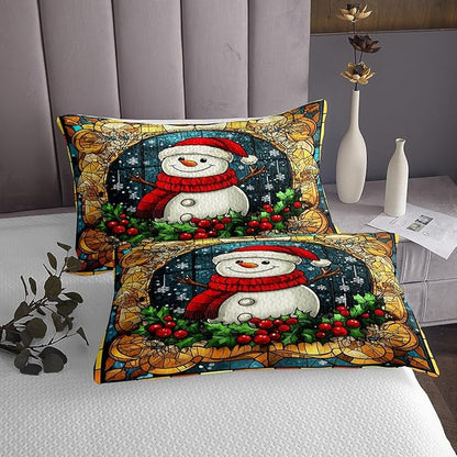 Cartoon Snowman Kid Bedspread Twin Size,Merry Christmas Happy New Year Snowflake Coverlet Set,Boys Girls Room Decor,Poinsettia Flower Plaids Quilted Coverlet,Xmas Cute Bedding Quilt,1 Pillowcase