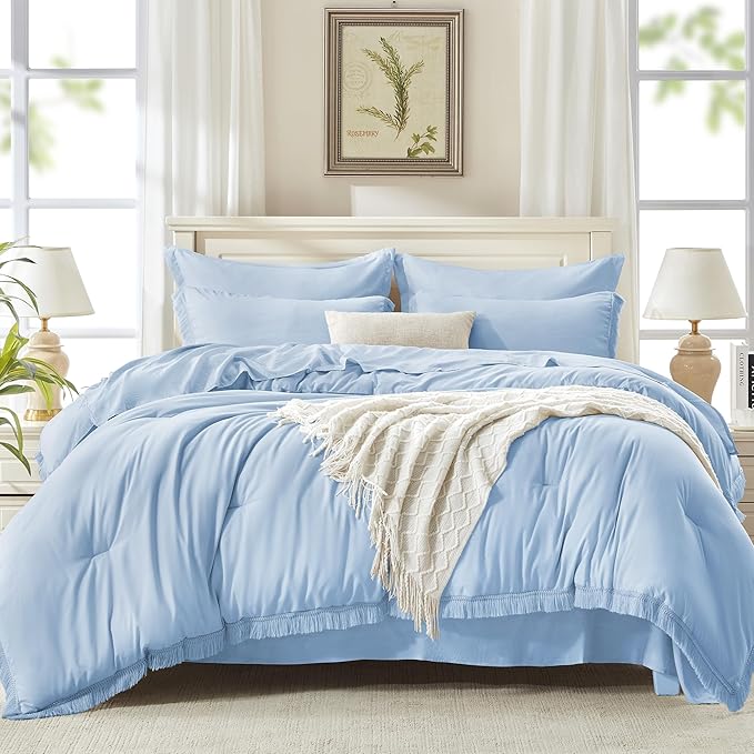 Andency King Size Comforter Set with Sheets Light Blue - 7 Pieces Bed in a Bag Boho Soft Lightweight Bedding Sets, Tassel Bed Set with Comforter, Sheets, Pillowcases & Shams