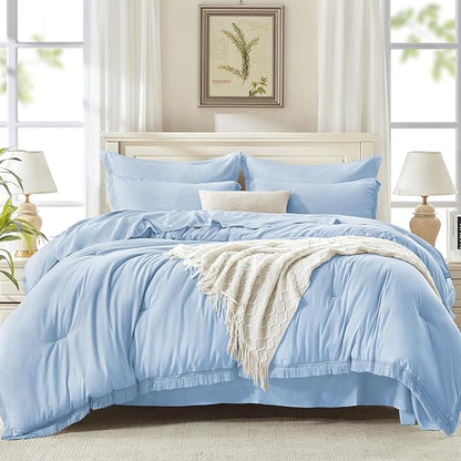 Andency King Size Comforter Set with Sheets Light Blue - 7 Pieces Bed in a Bag Boho Soft Lightweight Bedding Sets, Tassel Bed Set with Comforter, Sheets, Pillowcases & Shams