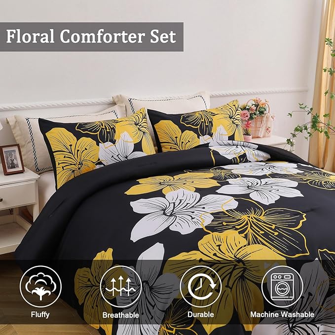 Menghomeus Queen Comforter Set Black/Gold Floral Bedding Comforter Sets Soft Microfiber Bed Comforter Set for All Season, 3 Piece Botanical Flowers Comforter, Pillowcases