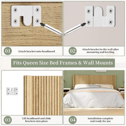 Queen Size Headboard Only, Modern Fluted Wall-Mounted Head Board with Lighting, Boho Wood Bed headboard Stylish Bedroom Decor, Natural