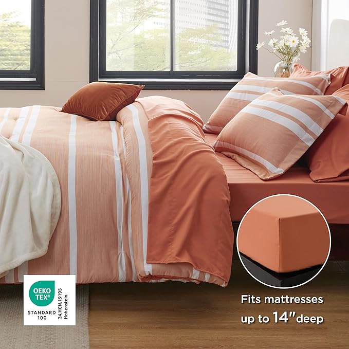 Bedsure King Comforter Set 7 Pieces, Burnt Orange Striped Bedding Set for All Seasons, Reversible, Cationic Dyeing Bed in a Bag with Comforter, Sheets, Pillowcases & Shams
