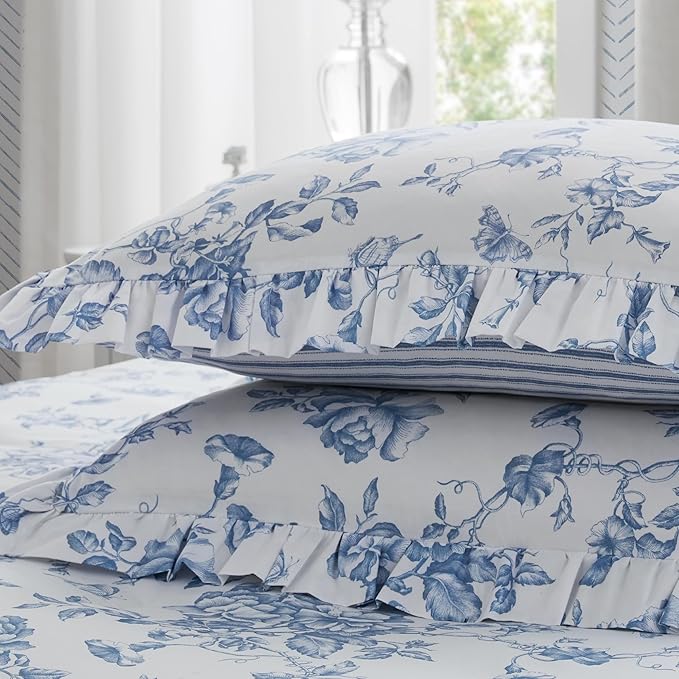 Madison Park Essentials Adele Blue Floral Cal King Size Comforter Set – Vintage Bed in a Bag with Sheets, Reversible Ruffle Bedding, Elegant Gift for Her