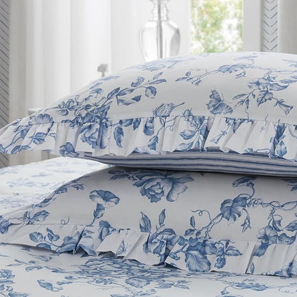 Madison Park Essentials Adele Blue Floral Cal King Size Comforter Set – Vintage Bed in a Bag with Sheets, Reversible Ruffle Bedding, Elegant Gift for Her
