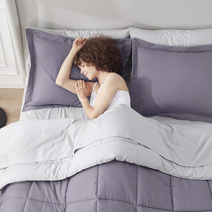 Nestl 7 Piece Queen Comforter Set – Grayish Purple Reversible Bed in a Bag – Complete Queen Size Bedding Set with Sheets, Pillowcases and Shams