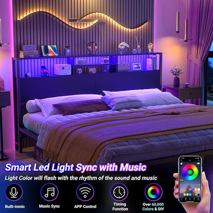 Aheaplus Headboard for King Size Bed with Storage, Headboards with Outlets, USB Ports and LED Light, King Size Head Board Only, Height Adjustable, Reversible, Sturdy and Stable Headboard, Black