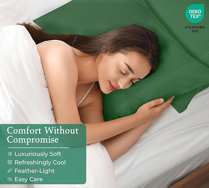 Royale Linens Queen Pillowcase Set of 2 - Bed Pillow Cover - 20" x 30" - Pillowcases - 1800 Brushed Microfiber, Wrinkle & Fade Resistant - Soft & Cozy- Queen Size Pillow Case (Hunter Green)