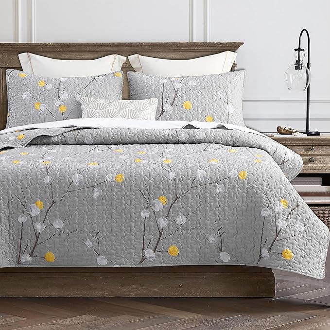 DURLENGEN Quilt Set California King Size 3Pcs,Grey Branch with Dot Pattern,Soft Microfiber Lightweight Bedspread for All Season Layering(112x104,Botanical Grey)