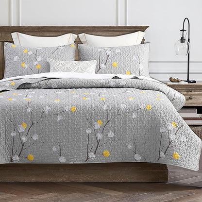 DURLENGEN Quilt Set California King Size 3Pcs,Grey Branch with Dot Pattern,Soft Microfiber Lightweight Bedspread for All Season Layering(112x104,Botanical Grey)