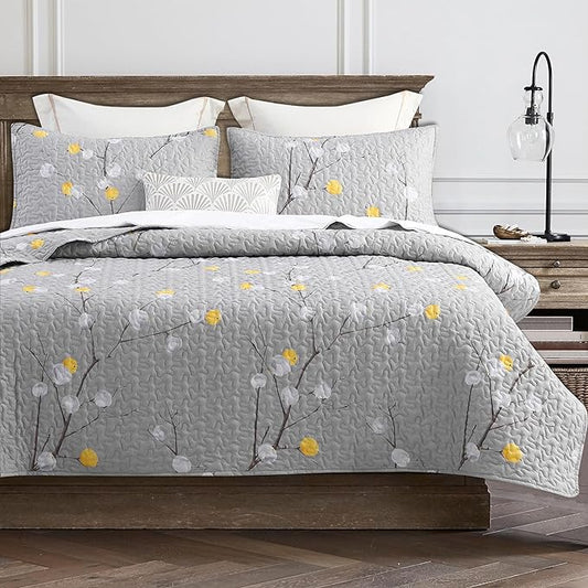 DURLENGEN Quilt Set California King Size 3Pcs,Grey Branch with Dot Pattern,Soft Microfiber Lightweight Bedspread for All Season Layering(112x104,Botanical Grey)