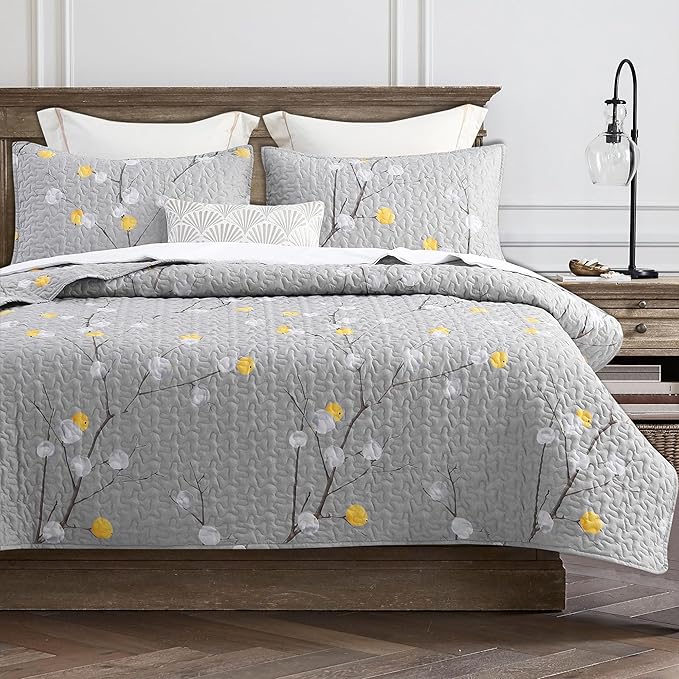 DURLENGEN Quilt Set King Size 3Pcs,Grey Branch with Yellow Turquoise Polka Dot Pattern,Soft Microfiber Lightweight Bedspread for All Season Layering(King 106x96,Botanical Grey)