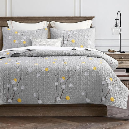 DURLENGEN Quilt Set King Size 3Pcs,Grey Branch with Yellow Turquoise Polka Dot Pattern,Soft Microfiber Lightweight Bedspread for All Season Layering(King 106x96,Botanical Grey)