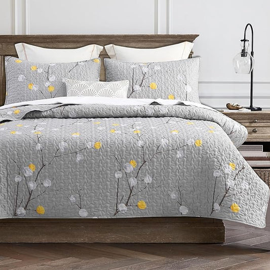 DURLENGEN Quilt Set King Size 3Pcs,Grey Branch with Yellow Turquoise Polka Dot Pattern,Soft Microfiber Lightweight Bedspread for All Season Layering(King 106x96,Botanical Grey)
