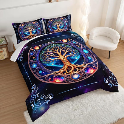 Tree of Life Bedding Full Comforter Set,Mystic Planet Starry Sky Printed Bedding Comforter Sets for Kids Boys Girls Room Decor,Bohemian Bedding Puffy Comforter Sets 2 Pillowcases.