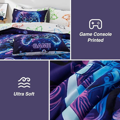 A Nice Night 5Pcs Gaming Comforter Set,Blue Purple 3D Game Contoller Themed Printing Bedding Sets for Kids Teen Boys, Reversible Comforter for All Seasons,Full