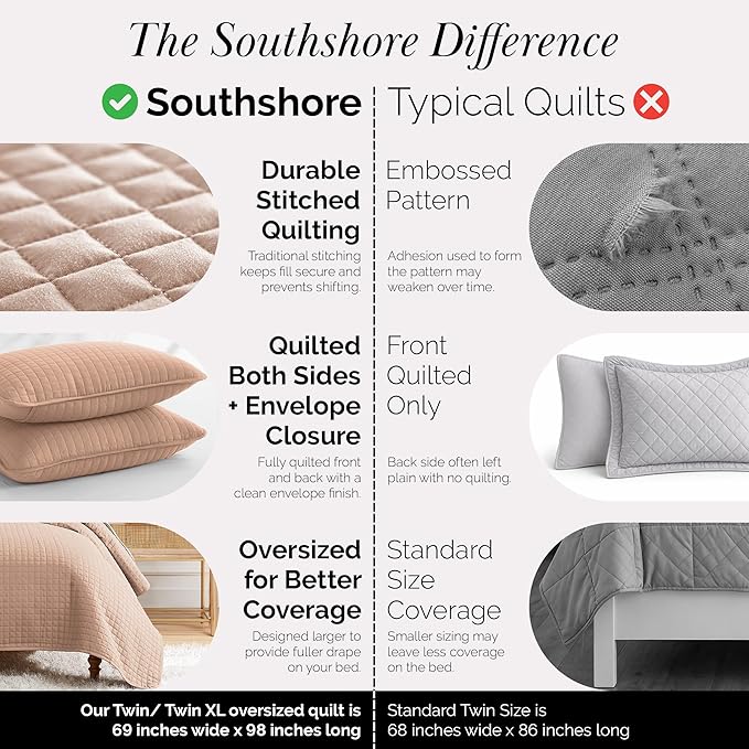 Southshore Fine Living, Inc. Twin Quilt Bedding Set, Stitched Soft Brushed Microfiber Blush Pink Quilt, Twin Coverlet Bedspread, Wrinkle & Pet Hair Resistant Bedding, Easy Care, 1 Pillow Sham, Blush