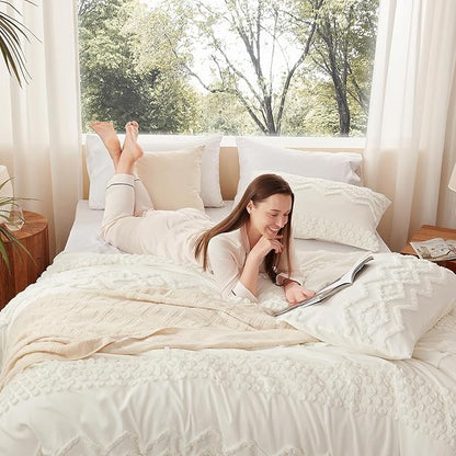 Luxudecor Boho Tufted Comforter Set King Size 3 Pieces White Shabby Chic Comforter Farmhouse Embroidery Bed Set Soft Comforter for All Seasons (White, 104''x90'')