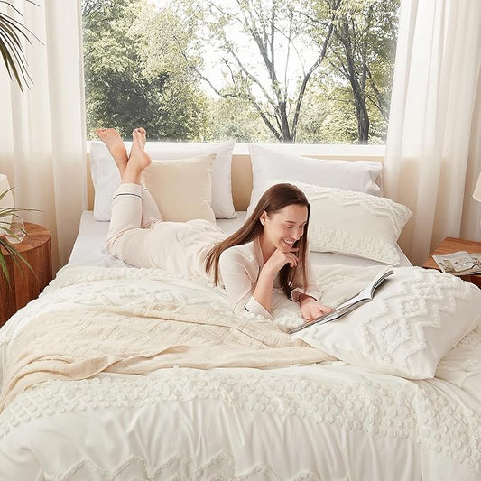 Luxudecor Boho Tufted Comforter Set Queen Size 3 Pieces Ivory White Shabby Chic Comforter Farmhouse Embroidery Bedding Set Soft Comforter for All Seasons (Ivory White, 90''x90'')