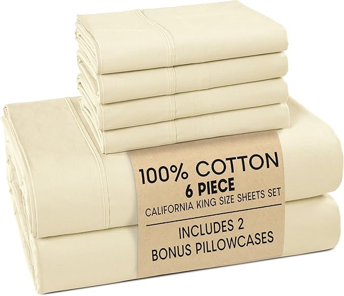 Casa Platino Cal King Bed Sheets – Breathable 6 Piece Percale Cooling Cal King Sheets with Crisp Feel, with 15 Inch Deep Pocket Fitted Sheet, Ultra Soft & Cozy Feel, Fit – Ivory