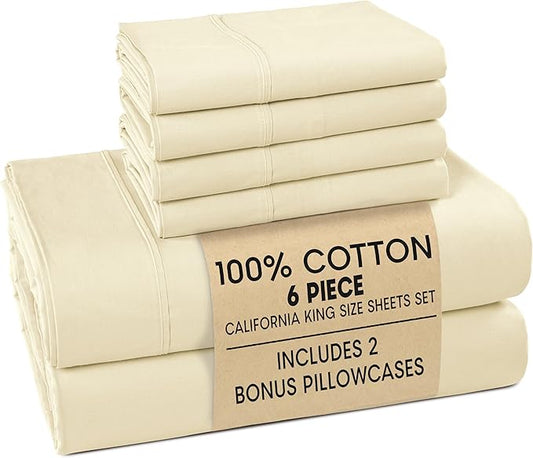 Casa Platino Cal King Bed Sheets – Breathable 6 Piece Percale Cooling Cal King Sheets with Crisp Feel, with 15 Inch Deep Pocket Fitted Sheet, Ultra Soft & Cozy Feel, Fit – Ivory