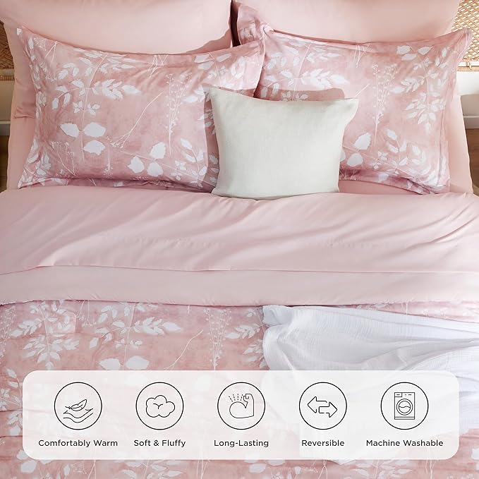 Bedsure Twin Comforter Set - 5 Pieces Floral Pink Soft Bedding Sets, Twin Bed in a Bag with Botanical Flowers Comforter, Sheets, Pillowcase & Sham
